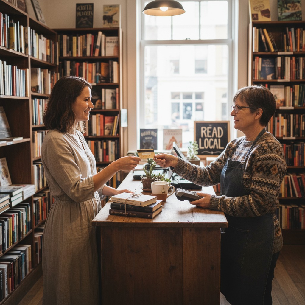 A customer hands a credit card to a bookstore employee behind a wooden counter filled with books.